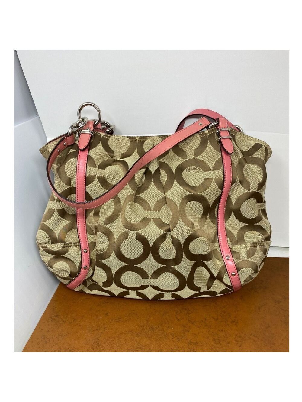 Coach Signature C Monogram Pink Leather Trim Tote Bag Purse - Picture 2 of 6